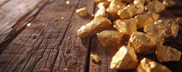 A pile of golden nuggets scattered on a rustic table.