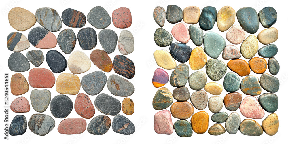 Aufkleber collection of smooth decorative stones arranged in a grid pattern showcasing various colors and text