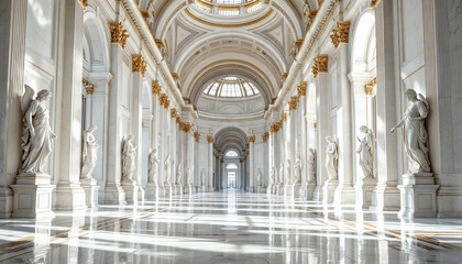 Fototapeta premium Majestic white marble corridor adorned with statues in a grand architectural masterpiece during daylight hours