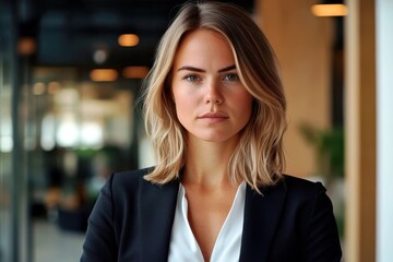 Confident Businesswoman Standing in Modern Office Environment with Professional Attire and Natural Lighting