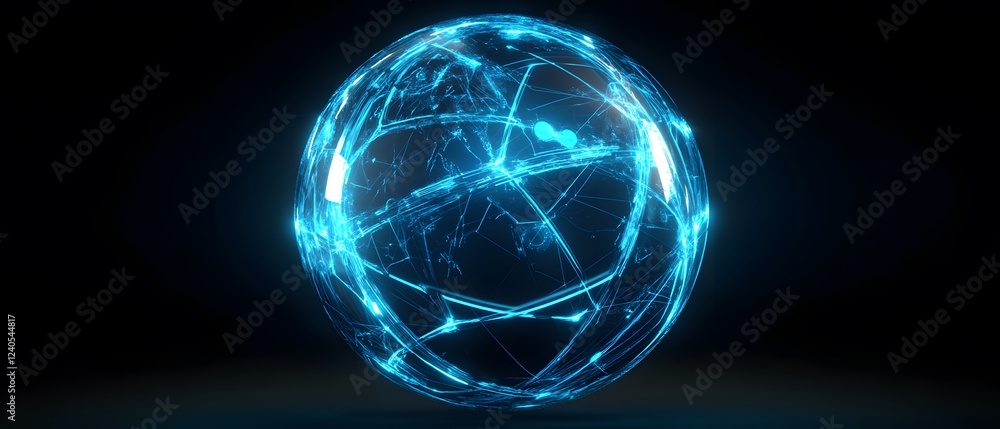 Poster a futuristic glowing sphere representing global connectivity, with intricate networks and lines illu