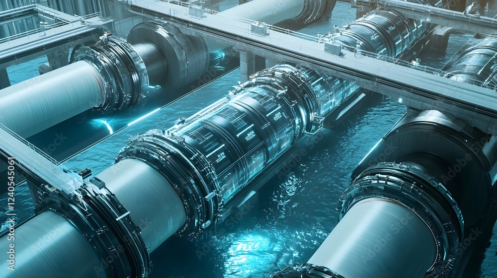 Poster a high-tech industrial scene featuring large pipelines submerged in water with intricate machinery. 