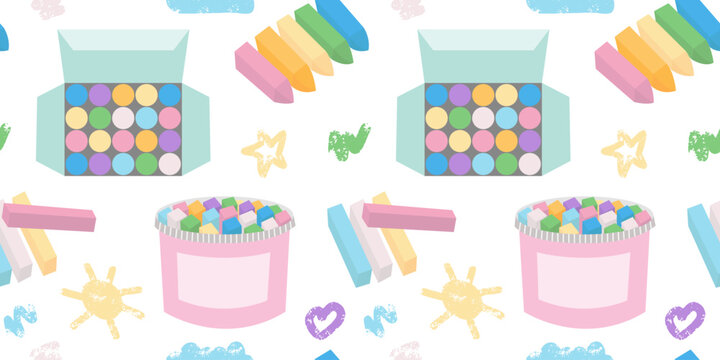 Colorful chalks and crayons flat vector seamless pattern
