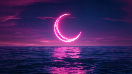 Fototapeta premium Pixel art crescent moon glowing pink over dark purple ocean and night sky with stars. Digital art, vibrant colors, dreamy atmosphere.