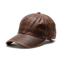 Fototapeta premium Dark brown rustic leather baseball cap isolated on white background