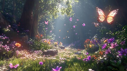 Obraz premium A Sunlit Forest Path Filled with Flowers and Butterflies