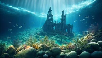 Fantasy underwater seascape with lost city. Generative A