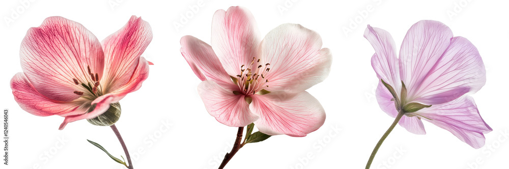 Poster Beautiful display of three pastel flowers celebrating springtime bloom in a studio setting