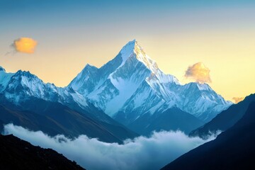Fototapeta premium Majestic Snow-Capped Mountain Peak Against Dramatic Sunrise Sky with Fluffy Clouds and Vibrant Colors in the Background of Serene Natural Landscape