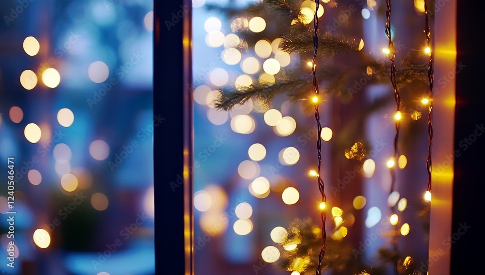 Poster softly glowing christmas lights creating a warm atmosphere through a window with a evergreen tree in