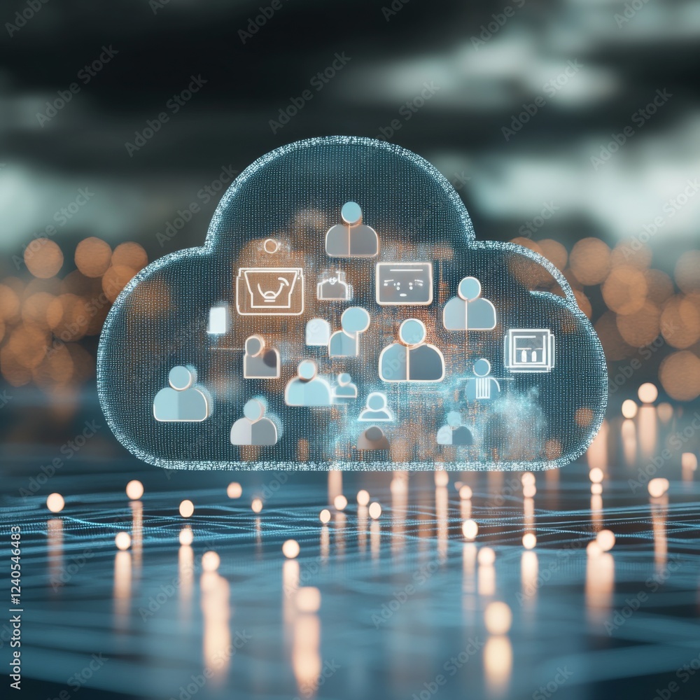Poster 3d cloud visualization with icons surrounded by people in front view, background