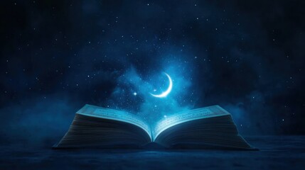 Naklejka premium Open book at night, glowing with a crescent moon and stars in the dark sky. Mystical, magical, dreamy atmosphere. Dark blue and black tones, soft light.