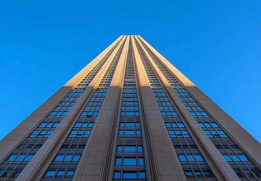 Fototapeta Blue skies and tall buildings seen from below, wide-angle, low-angle perspective, skyscrapers, business district, cityscape, urban architecture, blue sky, office building, corporate skyline, skyscrape