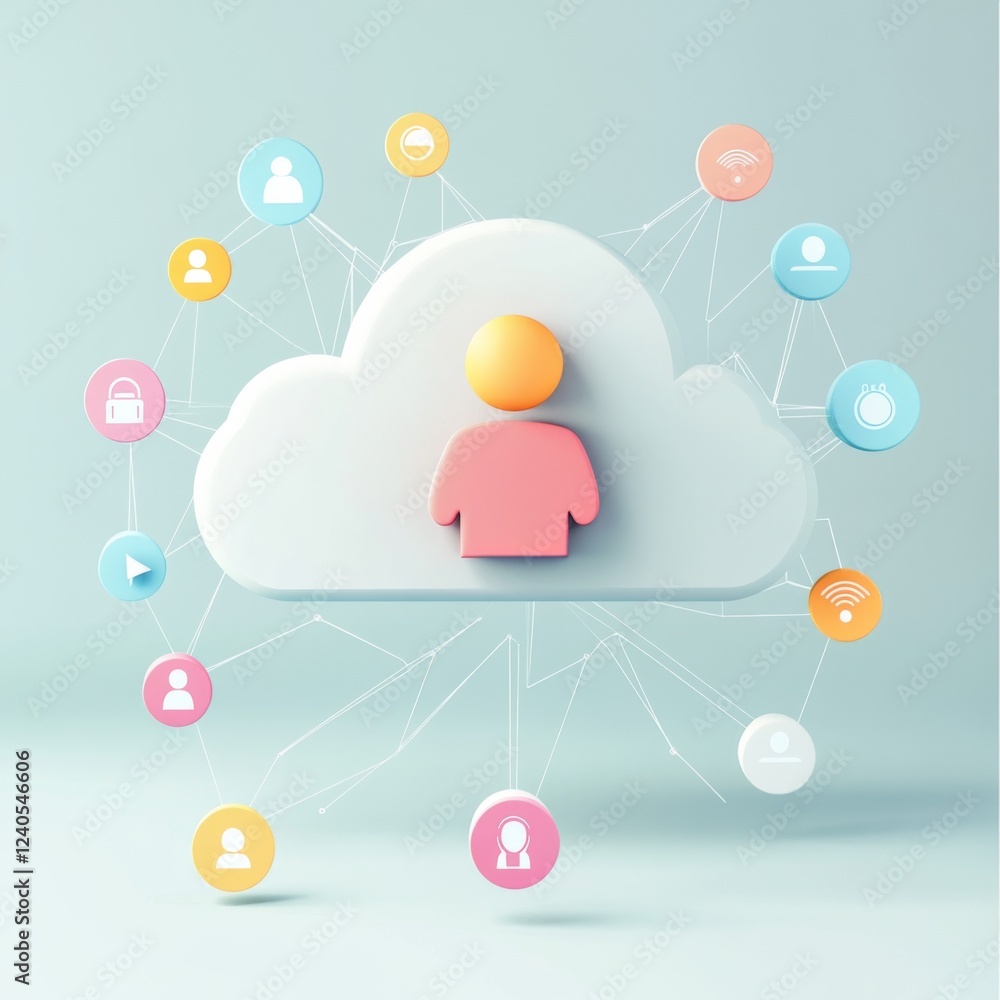 Poster 3d cloud visualization with icons surrounded by people in front view, background