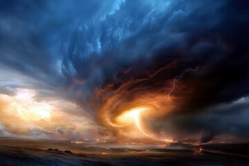 Fototapeta premium Dramatic Sky with Swirling Storm Clouds, Lightning Strikes, and Fiery Sunset Over a Landscape, Capturing Nature's Raw Power and Beauty
