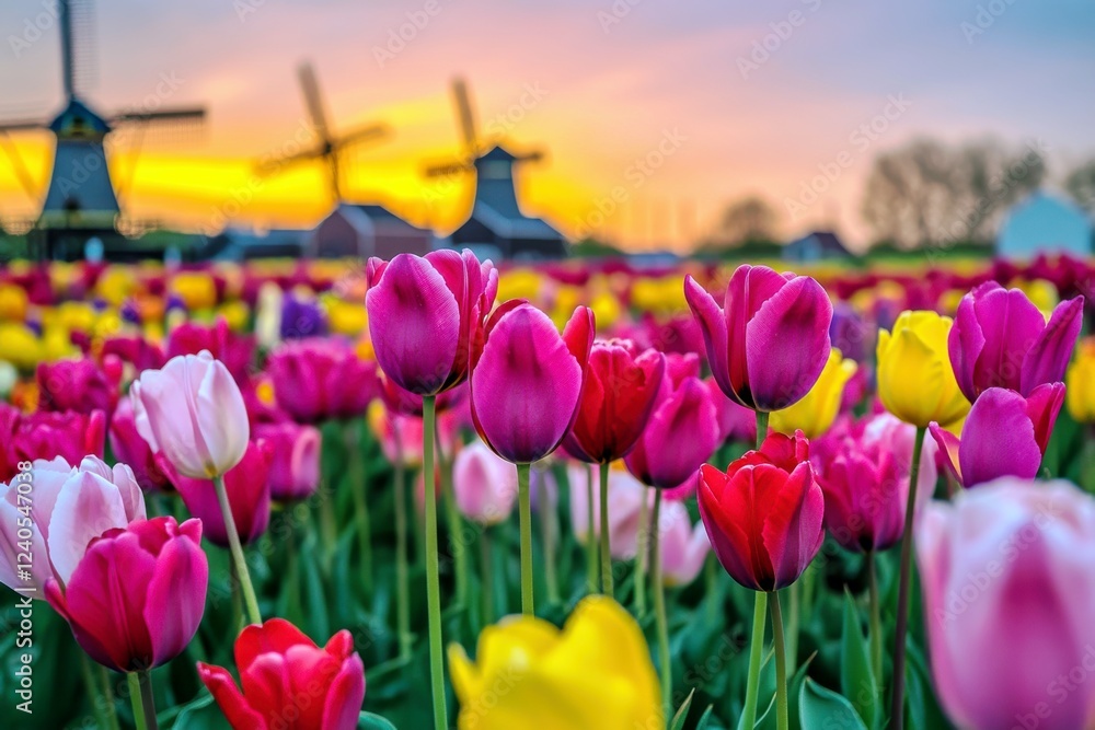 Poster vibrant tulip field under a colorful sunset with windmills in the background creating a picturesque 