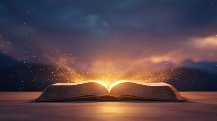 Open antique book glowing with magical light and sparkles on dark background, mystical atmosphere, fantasy, night scene.