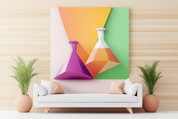 Statement wall art, geometric flasks on wood panelling, white sofa couch seating, pot plants terracotta, modern style 