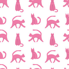 Cute pink cats vector seamless pattern. Flat style cats on white background