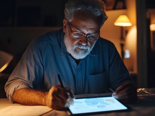 Cozy Home Astrology Setup Middle-Aged Indian Man Engaging with Digital Horoscope on Tablet - Content Creation and Remote Lifestyle Insights