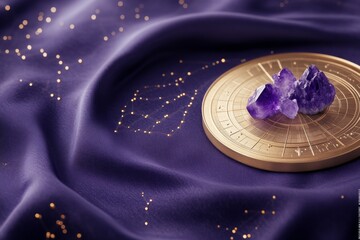 Cosmic Elegance Brass Astrological Wheel with Amethyst Crystals on Starry Blue Fabric - Luxury Home Decor and Spiritual Brand Aesthetics
