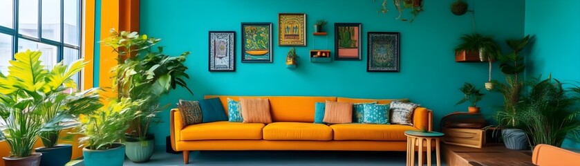 Tropical Oasis: Teal walls, orange sofa, lush plants create a vibrant, relaxing space.