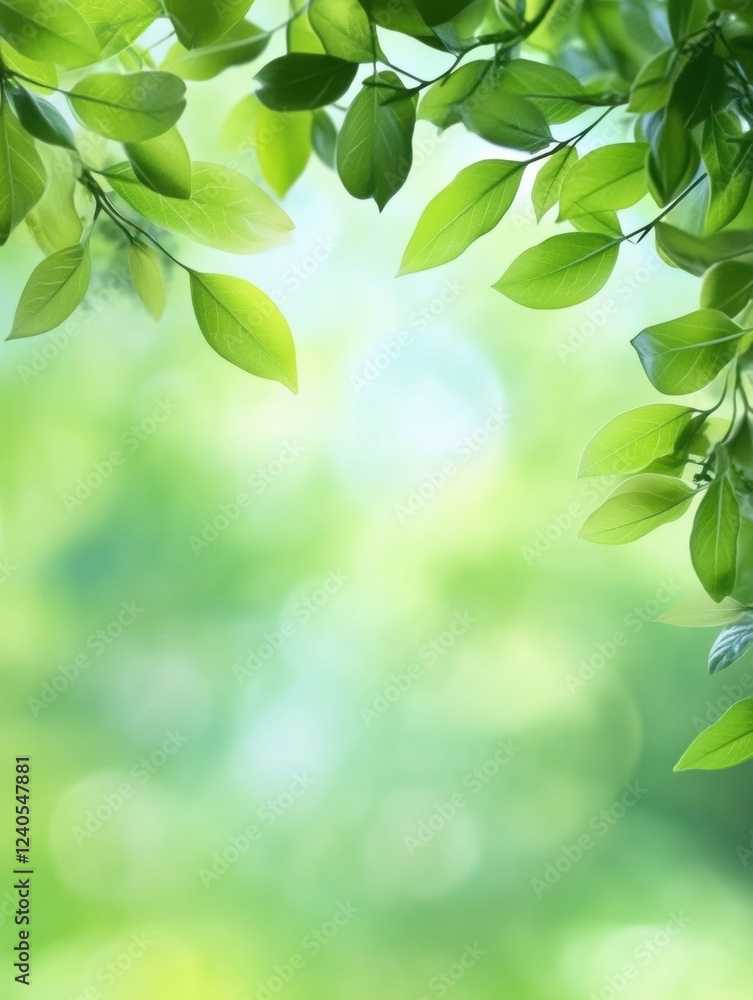 Poster Lush green leaves creating a serene backdrop for text insertion in a vibrant natural setting during daylight hours. Generative AI