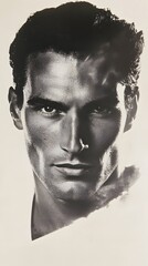 Fototapeta premium 9. A front-facing portrait showing the strong structure of a man's face with a prominent jaw and high cheekbones, on white