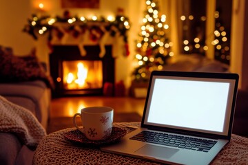 Cozy winter evening with warm fireplace, illuminated Christmas tree, laptop, and hot beverage in a beautifully decorated home living room