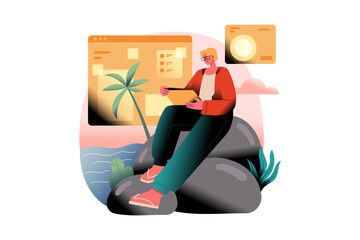Remote Worker Using Tablet on Tropical Beach