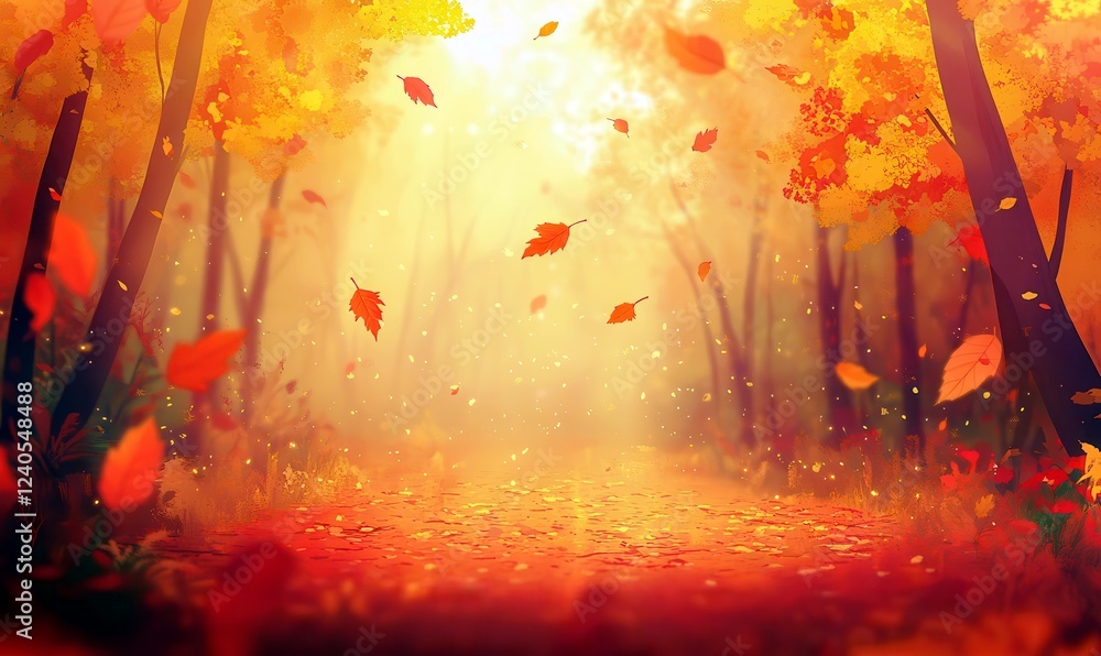 Poster serene autumn pathway surrounded by colorful leaves with soft light shining through trees in a magic