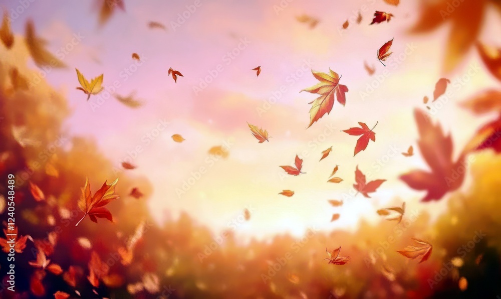 Poster autumn leaves floating through the air with a warm sunset glow in the background creating a serene a