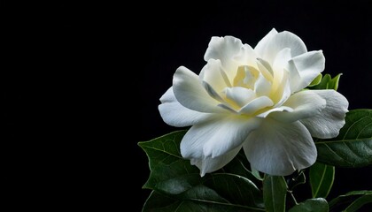 Fototapeta premium close up of Gardenia jasminoides flower, black background, copy space