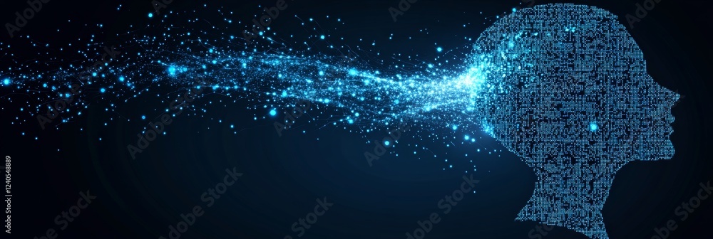 Poster human head formed by data streams, symbolizing artificial intelligence and data processing.