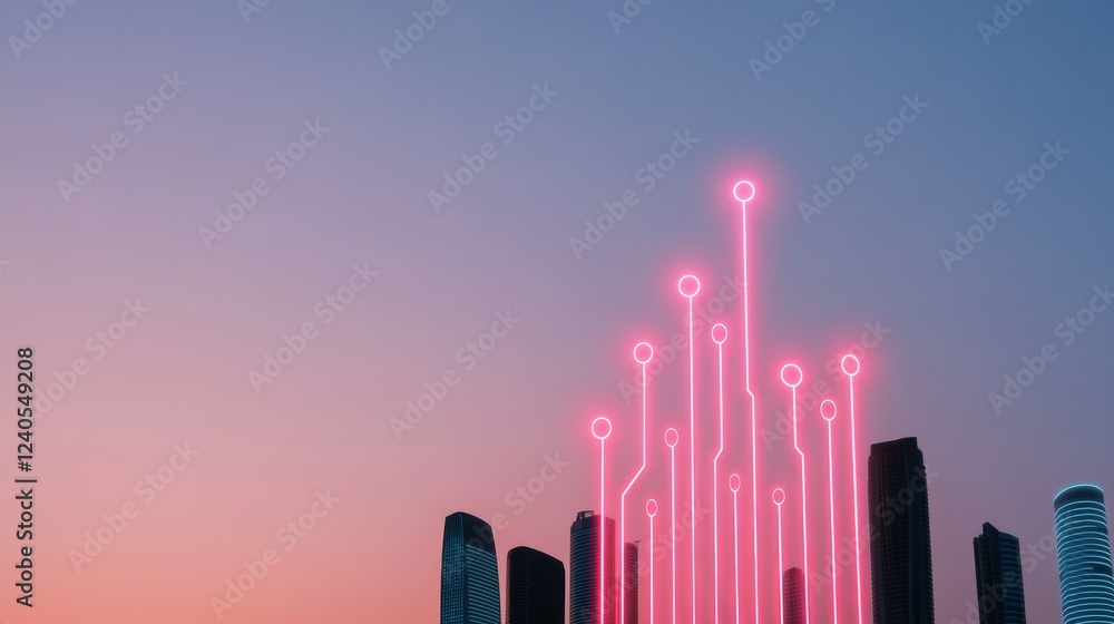 Poster Neon Cybersecurity Vision Futuristic Skyline with Digital Overlay - Advanced Urban Protection for Smart Cities and Tech-Driven Infrastructure Solutions