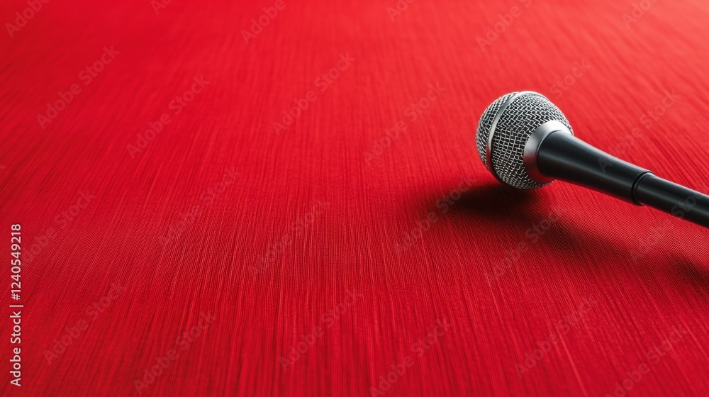 Poster minimalist red texture backdrop with professional microphone - enhancing media branding and contempo