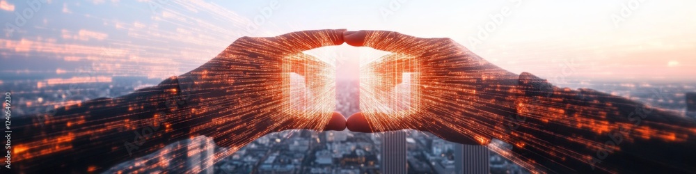 Aufkleber Futuristic Tech Fusion Hands Framing Digital Security Icons with Dynamic Light Effects - Essential for Cybersecurity Solutions and Modern Tech Marketing