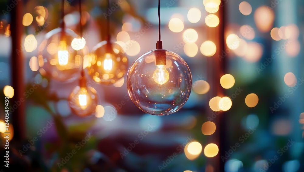 Aufkleber beautiful illuminated glass pendant lights hanging in a cozy space with a soft bokeh background crea