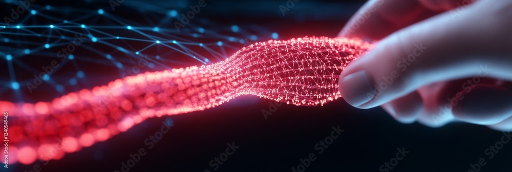 Poster Neon Futuristic Data Visualization Hand Interacting with Digital Network Nodes - Cutting-Edge IT Solutions Advertising and Virtual Diagnostics in Tech and Digital Marketing