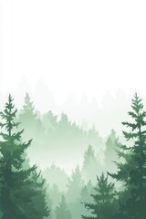Fototapeta premium Silhouetted Forest Line Fading into Mist on White Background with Green Trees