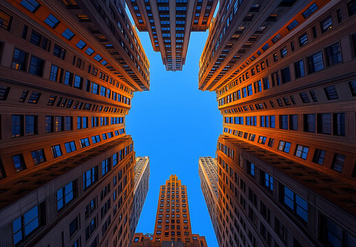 Fototapeta Blue skies and tall buildings seen from below, wide-angle, low-angle perspective, skyscrapers, business district, cityscape, urban architecture, blue sky, office building, corporate skyline, skyscrape