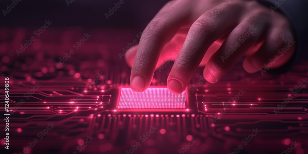Leinwandbilder Neon Cyber Interface Hand Engaging with Digital Circuit Board Display for Futuristic Tech Content and Innovation in Business Solutions