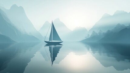 Serene Sailing Through Misty Mountains at Dawn with Calm Waters