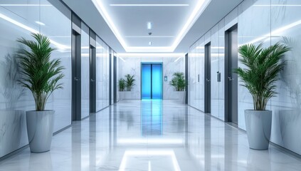 Obraz premium Modern Office Hallway with Elegant Design and Serene Atmosphere