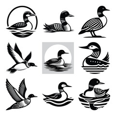 Duck silhouette vector flying set logo icon clipart illustration & drawing black & white