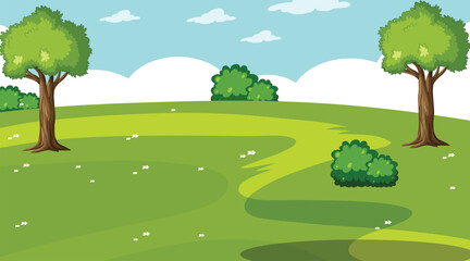 Obraz premium Beautiful landscape. Small river. Mountains on the horizon. Green meadow. Forest. Clear sky. Bright warm colors. The beauty of the nature. Landscape work of art.