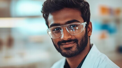 Obraz premium Indian Scientist Smiling in Lab while Developing Innovative Biocompatible Materials