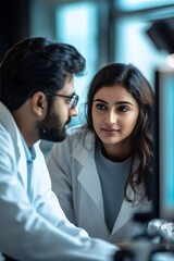 Indian Couple Analyzing Biomedical Research Data in Laboratory Environment