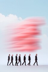 Fototapeta premium Contemporary Urban Flow Blurred Pedestrian Motion Against Abstract Pink Cloud on Concrete - Editorial Visuals for Modern Marketing and Urban Planning Insights