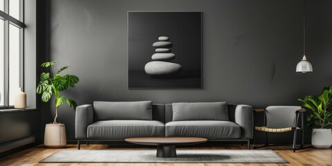 A stark black canvas with clean, minimalist pebble stacks, Symmetrical and balanced design